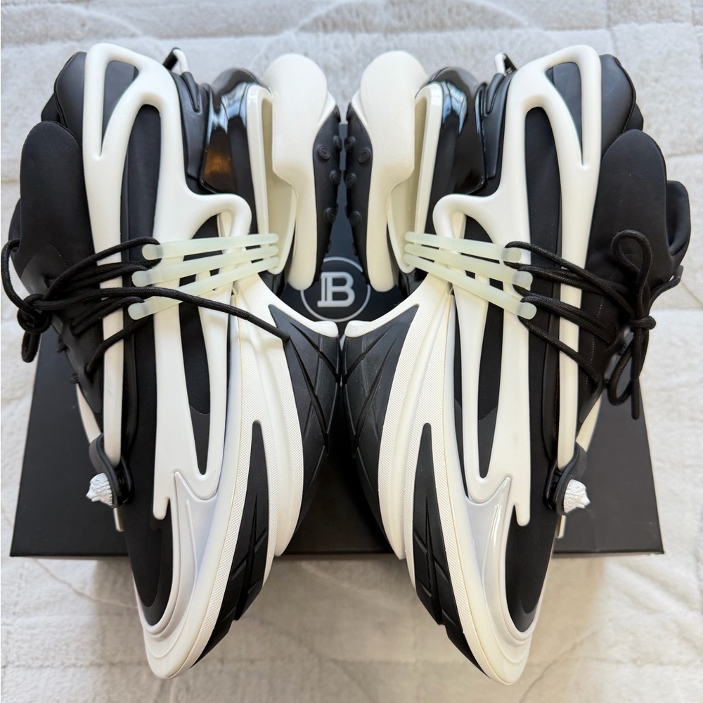 NEW! $1,195 Balmain Paris Unicorn Sneakers Black White 13 / 14 - Picture 3 of 15